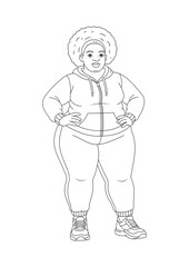 Confident curvy woman in sportswear standing with hands on hips. Black and white line art illustration for coloring books, body positivity themes, fitness, diversity, and self-love concepts.