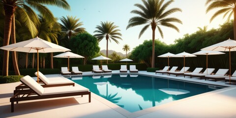 Fototapeta premium Luxurious tropical oasis: poolside retreat with palm trees and lounge chairs at sunset