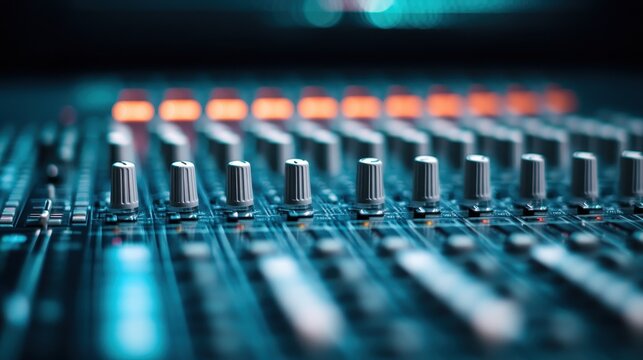 An artistic, abstract view of a sound mixing console showcases intricate details like knobs and faders, evoking creativity and the essence of music production.