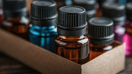 A collection of essential oil bottles in various colors, showcasing a mix of transparency and darkness, perfect for promoting wellness and holistic healing practices.