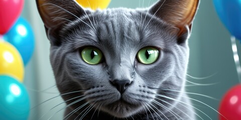 Closeup portrait of a grey cat among colorful balloons