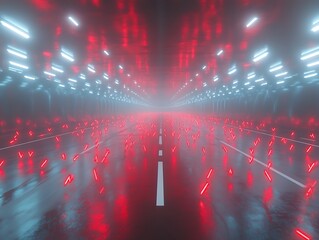A futuristic tunnel lit with red and blue reflective lights