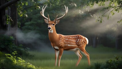 Elegant sika deer looking alert in a peaceful meadow during golden hour