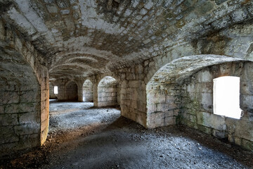 Fort Doss Fornas: the interior with niches for ammunition. Valsorda, Monte Vigolana, Trento, Trentino, Italy.