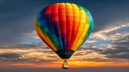 Obraz premium Colorful hot air balloon floats across a vibrant sky during sunset with clouds and warm light