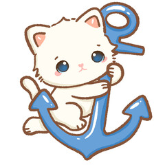 Cute Kawaii White Cat holding on to a giant blue anchor Summer Clipart for Amalfi Coast, Travel Art, Stickers, Scrapbooking, Kids Designs, Coastal Holiday Decor