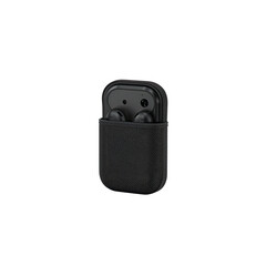 Black wireless earbuds in case, sleek and modern, audio accessory, isolated on transparent background

