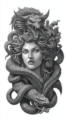 Detailed illustration of a mythological figure with snakes and a dragon.