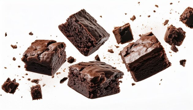 floating rich chocolate brownie with glossy ganache swirl and cocoa powder splash on white background ideal for dessert ad, web banner, or bakery branding