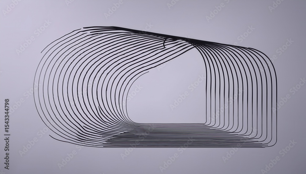 Wall mural abstract 3d optical line art shape with symmetrical black contour loops on gradient violet backgroun