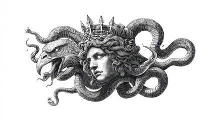 Detailed illustration of a mythological figure with snakes and an eagle.