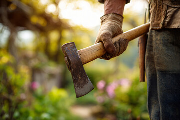 Gardener holding axe in the garden