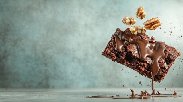 A rich and decadent chocolate brownie drizzled with melting chocolate and topped with walnuts, creating a perfect dessert that tempts anyone with a sweet tooth.