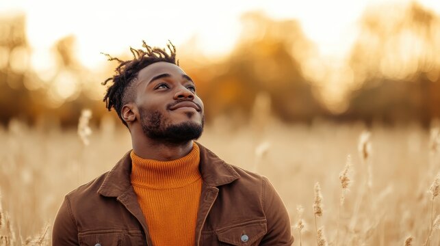 A contemplative young man gazes up at the sky while standing in a golden field, capturing a moment of reflection and serenity amidst a beautiful, natural setting. - Powered by Adobe