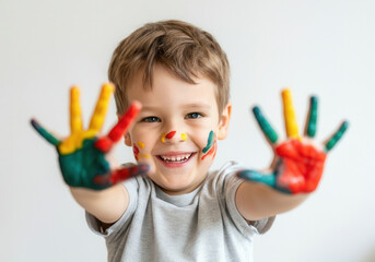 Happy young boy with painted hands and face showing creativity and joy