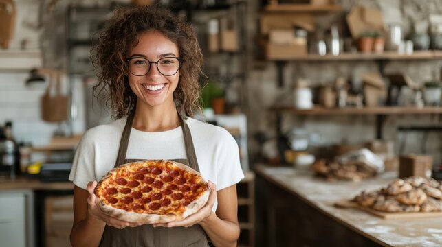 A joyful woman proudly holds a freshly baked pepperoni pizza, embodying the warmth of home cooking and the fun of culinary creativity in a vibrant kitchen environment.