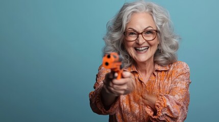 An elderly woman joyfully aiming a colorful toy gun, showcasing a playful spirit and confidence, bringing humor and light-heartedness to the concept of age and fun.