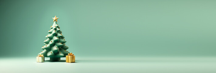 Minimal style Christmas tree with golden gifts against a green background. Perfect for a festive banner with ample copy space