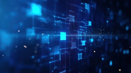 Abstract digital network design.  Dynamic, glowing blue squares and lines arranged in a grid pattern.  Particles and light trails suggest movement and technological advancement.  