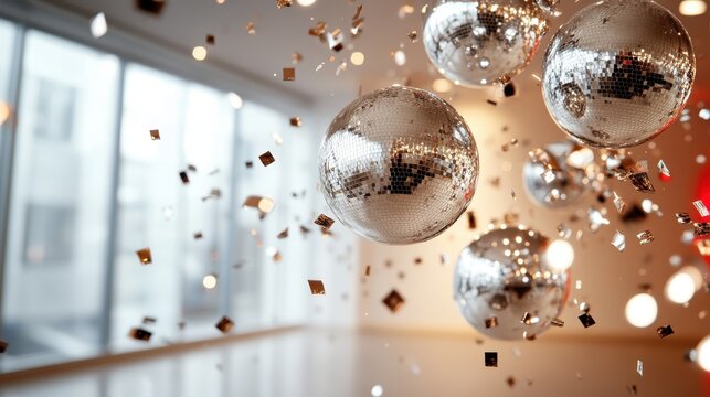 An enchanting display of disco balls suspended amidst lively confetti, creating a vibrant atmosphere ideal for celebrations, parties, and dance events reflecting joy.