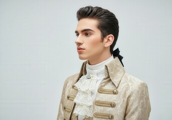 Young Caucasian man in vintage Victorian outfit with elegant brocade jacket and lace cravat.
