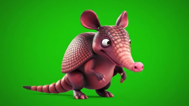 A 3D cartoon armadilo dancing on green screen background