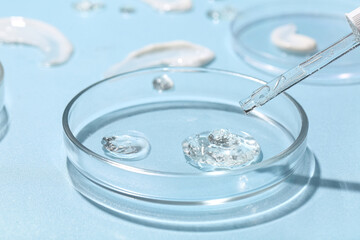 Petri dishes with samples and pipette on blue background