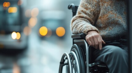 Obraz premium A person in a wheelchair is captured in a bustling city setting, showcasing resilience and the interplay of urban life with disability and accessibility concerns.