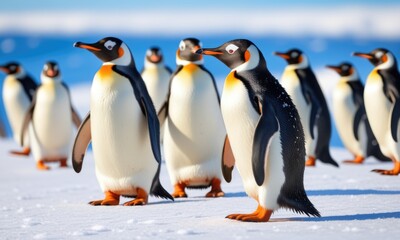 Fototapeta premium Group of emperor penguins standing on snowy antarctic background with blue sky