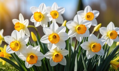 Obraz premium Vibrant white and orange daffodils blooming in sunlit garden during springtime