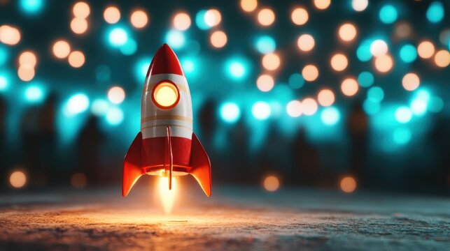 A vibrant illustration of a toy-like rocket launching against a blurred background of colorful bokeh lights creating a sense of adventure and excitement.