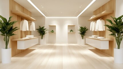 Fototapeta premium A stylish clothing store interior features minimalist wooden shelves displaying neatly folded garments, accented by greenery, creating an inviting and trendy shopping environment.