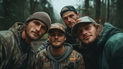Four young men gather closely together in a lush forest setting, showcasing their camaraderie and adventurous spirit in a candid shot filled with natural beauty.