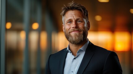 Fototapeta premium A confident man in a business suit smiles against a softly blurred background, representing professionalism and positivity in a modern business environment at sunset.