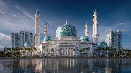 Obraz premium Stunning Kota Kinabalu City Mosque reflecting in placid water during daytime