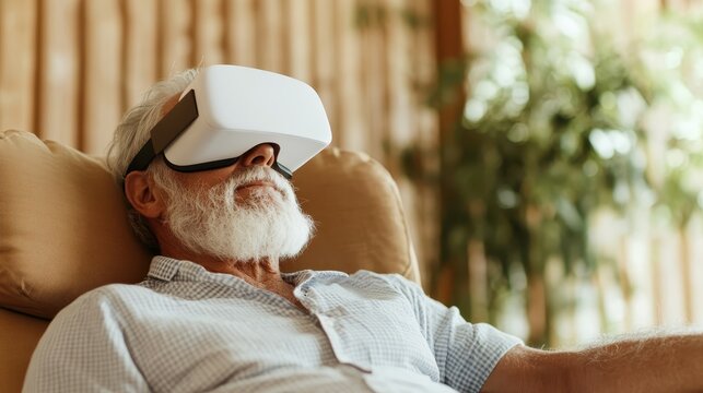 An elderly man with a white beard relaxes on a couch, fully engaged in a virtual reality experience, highlighting the intersection of technology and aged wisdom in modern life. - Powered by Adobe