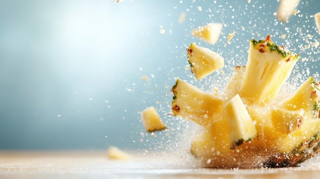 A fresh pineapple bursts into dynamic pieces, showcasing its juicy interior, highlighting the vibrant yellow color and texture, on a beautifully blurred background.