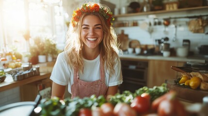 A smiling young woman wearing a floral crown in a bright kitchen, showcasing her happiness and creativity while surrounded by fresh, colorful ingredients and decor.