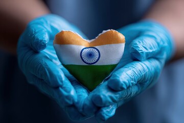 Hands in blue gloves hold a heartshaped pillow with the Indian flag on it