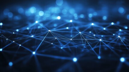 Obraz premium Abstract network of interconnected points and lines in dark blue and light blue. Bokeh effect around points. Complex digital network structure