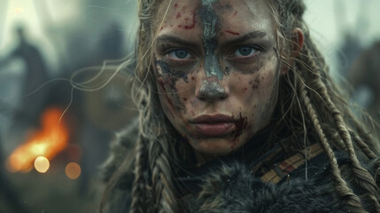 Fierce Viking barbarian viking woman warrior covered in battle mud and war paint, with braided hair and piercing blue eyes after intense medieval combat