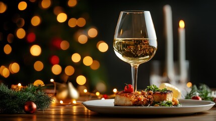 A beautiful dining setup featuring a plated dish, a glass of white wine, and festive Christmas decorations in the background, enhancing the holiday spirit.