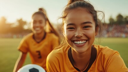 A smiling young female soccer player exudes joy and enthusiasm, celebrating her game with teammates in the background, capturing the essence of sportsmanship and teamwork.