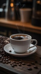 Espresso Coffee: Aromatic Steam, Dark Roast, Roasted Beans, White Cup, Cafe Beverage, Morning Drink, Caffeine, Hot Coffee, Coffee Beans, Coffee Shop, Dark Coffee, Coffee Break, Energy Drink