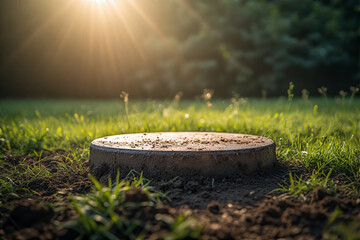 podium in green grass and soil garden