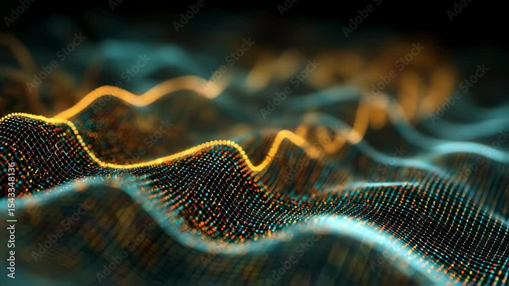 Poster abstract particle surface gently moving and glowing with futuristic light representing innovation, t