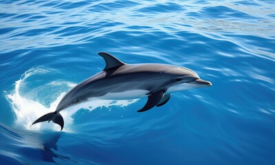Dolphin leaping gracefully in vibrant ocean waters under bright sunlight