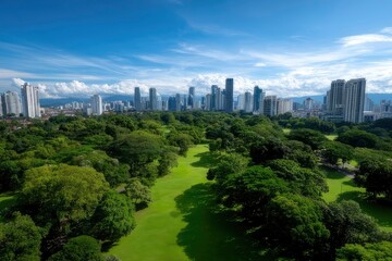Fototapeta premium Highangle view of a green landscape a skyline with tall buildings beneath a blue sky with clouds