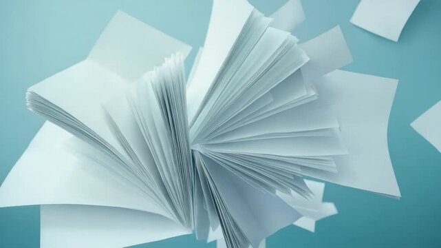 Scattered documents in air: A collection of documents are caught mid-air in a high-angle, photorealistic shot, their clean, crisp pages fanned out in an expressive display.