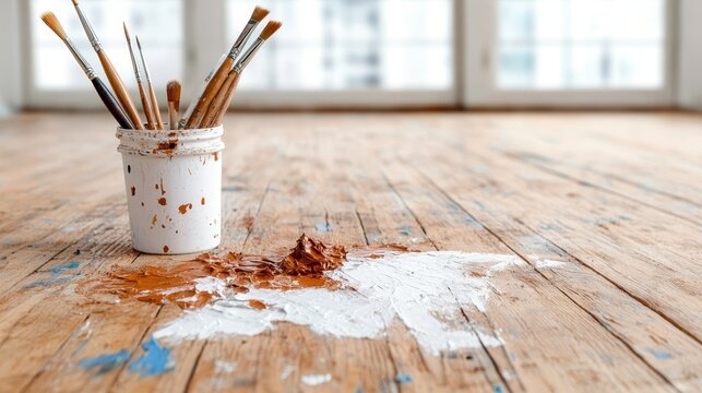 An artistic scene featuring a jar of paintbrushes next to a spilled mix of paint on wooden flooring, reflecting creativity and the fun of painting.